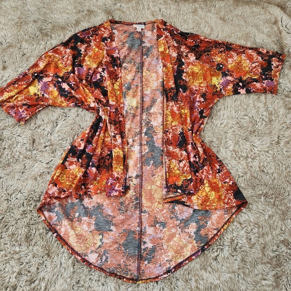 Lularoe Lindsay Kimono Abstract‎ Floral Print Red, Pink, Yellow and Black Small